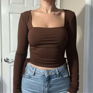 Zara square neck, side cinched brown top